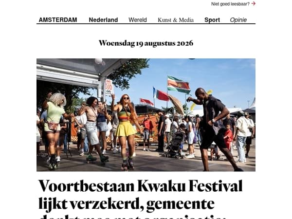 Voortbestaan Kwaku Festival lijkt verzekerd | Reconstructie van onderzoek naar moordenaar Lisa (17) | Bewoners Sloten willen andere plek voor 39 kwetsbare Amsterdammers