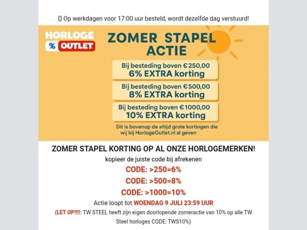 De aankomende 7 dagen zomer stapel korting bij horlogeoutlet.nl