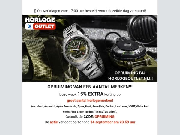Opruiming - groot aantal merken bij horlogeoutlet.nl - 15% EXTRA korting!