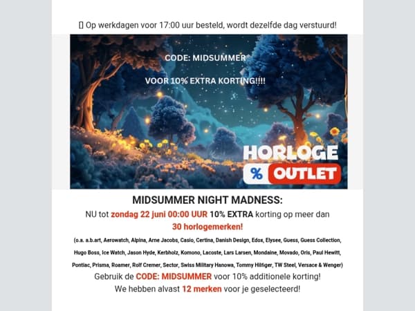 MIDSUMMER NIGHT MADNESS bij horlogeoutlet.nl t/m zondagavond 22 juni 00.00