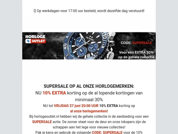 EXTRA 10% op ALLE merken bij horlogeoutlet.nl actie loopt t/m vrijdag 27 juni 20:00 uur