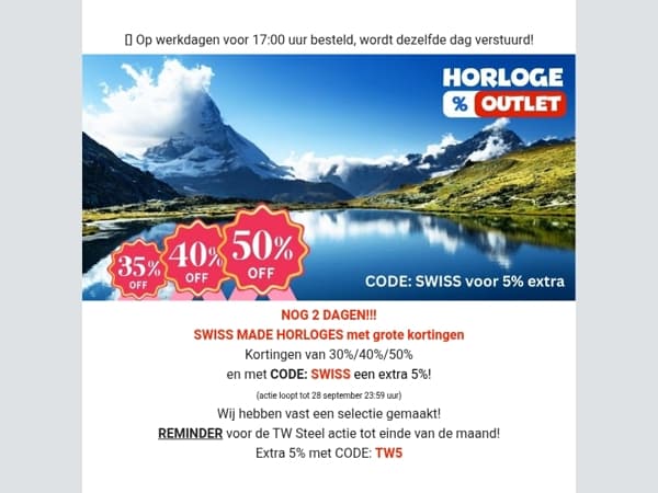 Reminder - Swiss made horloges nu EXTRA goedkoop: 30% 40% 50% korting!