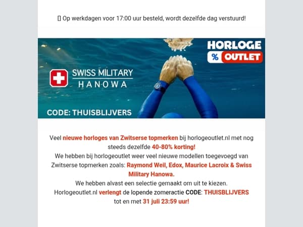 Veel nieuwe horloges van Zwitserse topmerken bij horlogeoutlet.nl - 40% - 80% korting!