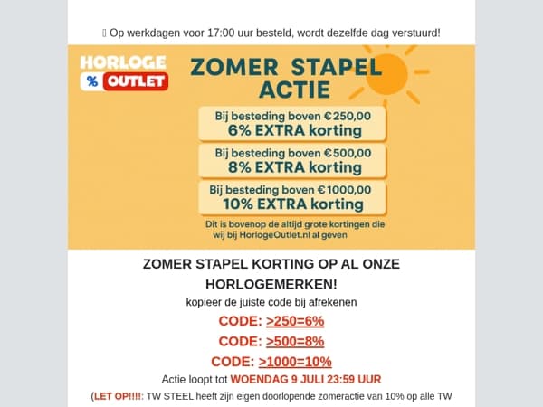 REMINDER - zomer stapel korting bij horlogeoutlet.nl loopt tot woensdag 23:59 uur!