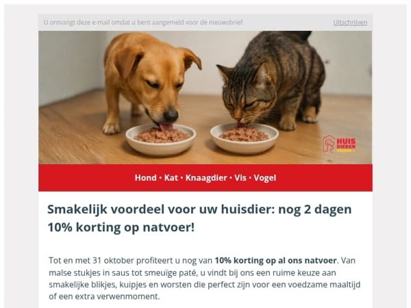 Smullen met voordeel: nog 2 dagen 10% korting op natvoer voor uw viervoeter!