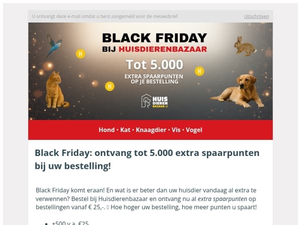 Pre Black Friday: ontvang tot 5.000 extra spaarpunten bij uw bestelling! 🐕‍🦺🐱