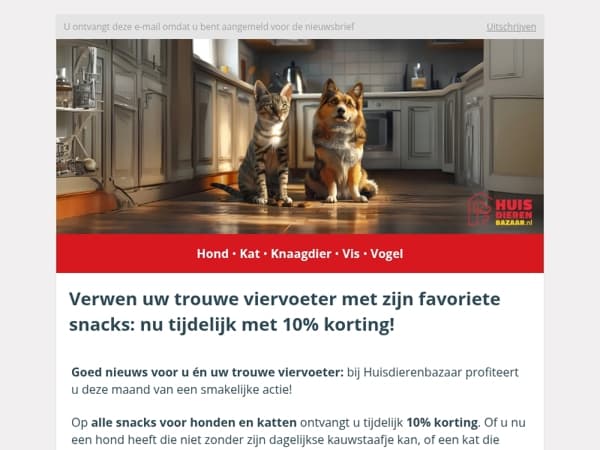 10% korting op alle honden- en kattensnacks, nu tijdelijk bij Huisdierenbazaar!