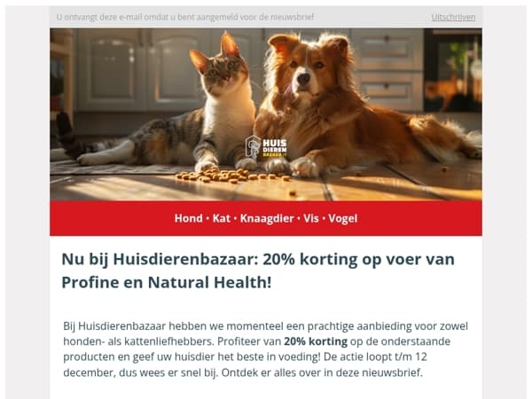 Profiteer bij Huisdierenbazaar van 20% korting op katten- en hondenvoer van Natural Health en Profine!