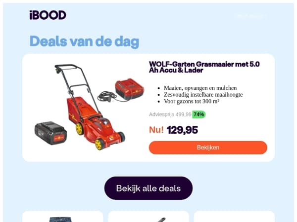Nu: WOLF-Garten Grasmaaier met 5.0 Ah Accu & Lader voor slechts 129,95 !