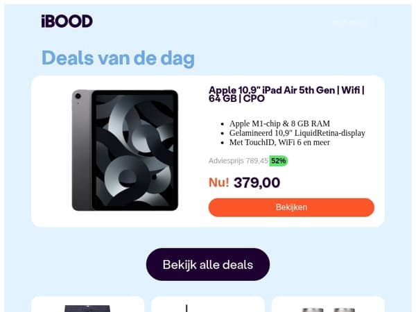 Nu: Apple 10,9" iPad Air 5th Gen | Wifi | 64 GB | CPO voor slechts 379,00 !