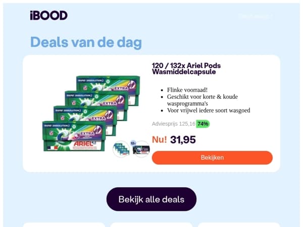 Nu: 120 / 132x Ariel Pods Wasmiddelcapsule voor slechts 31,95 !