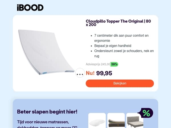 Nu: Cloudpillo Topper The Original | 80 x 200 voor slechts 99,95 !
