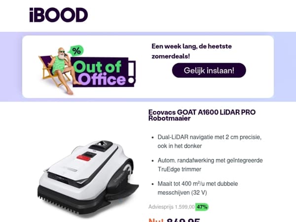 Nu: Ecovacs GOAT A1600 LiDAR PRO Robotmaaier voor slechts 849,95 !