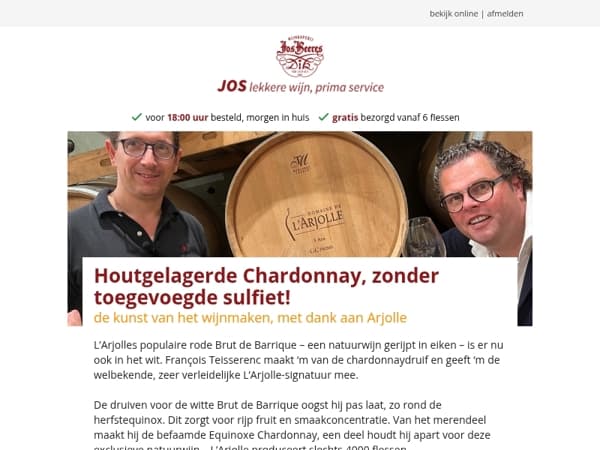 Houtgelagerde Chardonnay, zonder toegevoegde sulfiet!