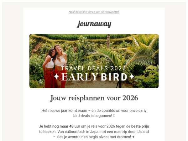 Nog maar 48 uur: boek nu en bespaar in 2026