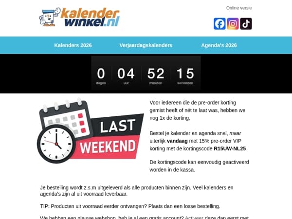 📆 Nog maar een paar uur | Korting op je nieuwe kalender en agenda 2026