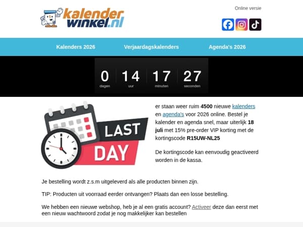 📆 Alleen vandaag nog | Bespaar nu 15% pre-order korting op je nieuwe Kalender(s) & Agenda's 2026