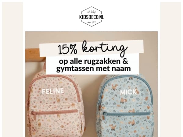 📚 Laatste kans: 15% KORTING op alle rugzakjes & gymtassen met naam! 🎒