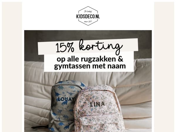 15% KORTING op alle rugzakjes & gymtassen met naam! 🎒