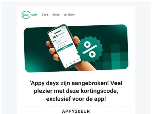 Vrolijke Kiwi-maandag! We bieden je vandaag een korting aan, exclusief voor de Kiwi.com-app