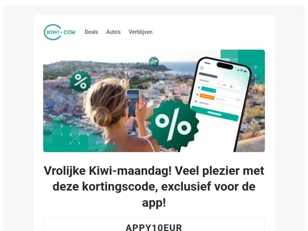 Vrolijke Kiwi-maandag! We bieden je vandaag een korting aan, exclusief voor de Kiwi.com-app