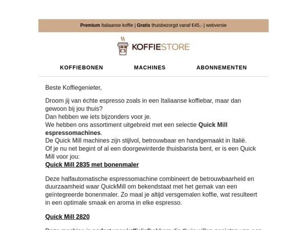 ☕ Nieuw! Ontdek onze Quick Mill espressomachines