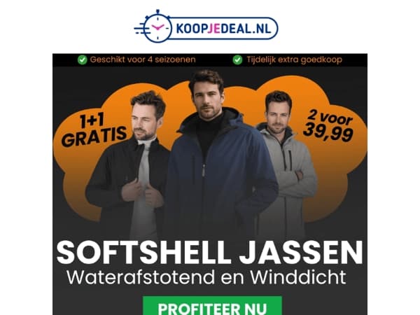 1+1 Gratis: 2 Softshell Jassen nu 39,99