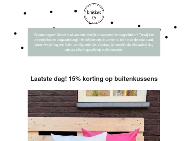 📢 Laatste kans: 15% korting op buitenkussens eindigt vanavond!