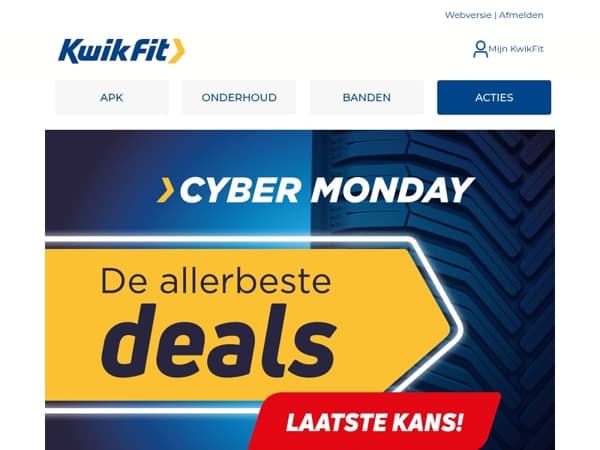 Het is Cyber Monday! De allerlaatste kans voor 25% korting op banden, uitlijnen, APK en onderhoudsbeurten