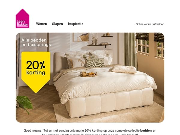 Alle bedden & boxsprings: nu 20% korting!