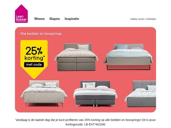 Reminder: -25% op bedden en boxsprings!