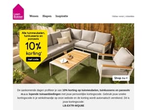10% korting op alle tuinmeubelen, tuinkussens en parasols!