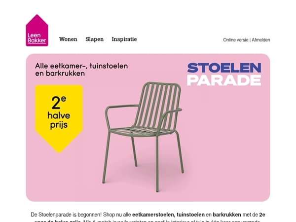Stoelenparade: 2e stoel halve prijs!