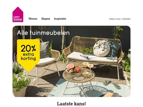 Laatste kans ⏳ -20% extra op tuinmeubelen