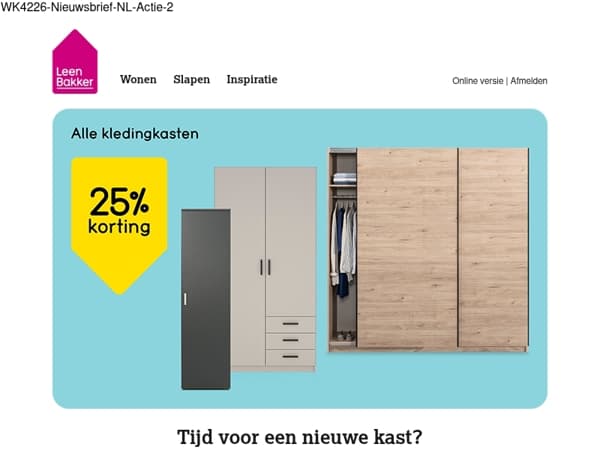 25% korting op alle kledingkasten!