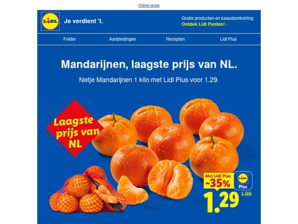 Laagste prijs van Nederland: 1 kilo Mandarijnen met Lidl Plus 1.29