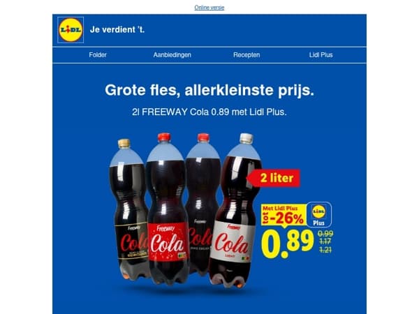 Laagste prijs van Nederland: 2l FREEWAY Cola 0.89 met Lidl Plus