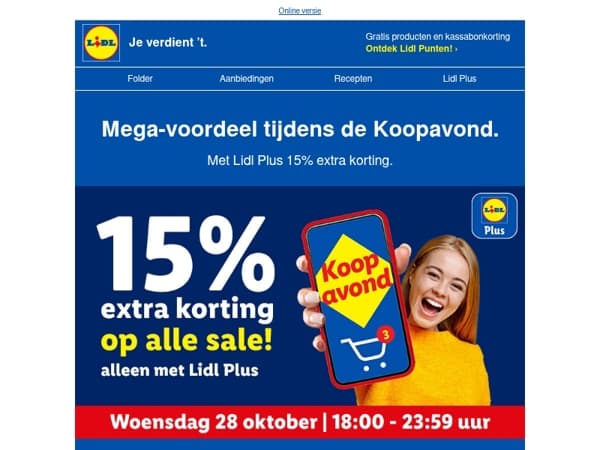 Shop de sale met 15% extra Lidl Plus korting tijdens de Koopavond in de webshop.