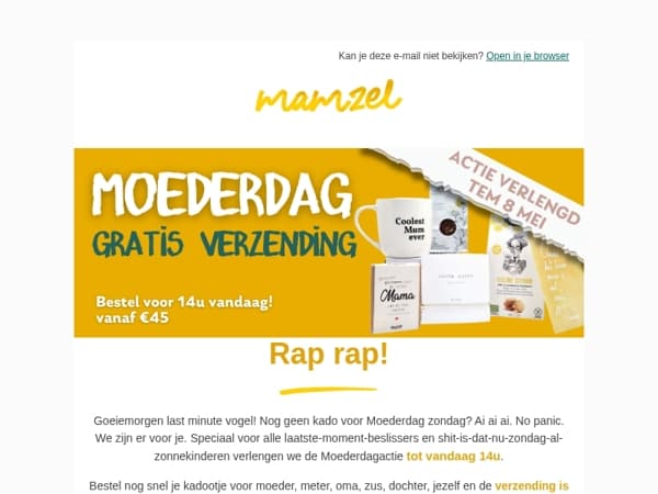 Laatste dag gratis verzending voor Moederdag, nu zondag 🥳