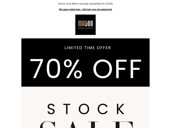 Reminder! STOCK SALE 70% OFF - online only