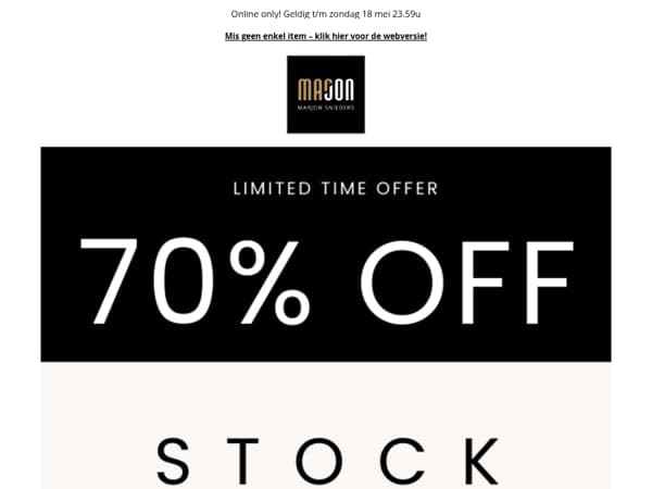 STOCK SALE 70% OFF - online only