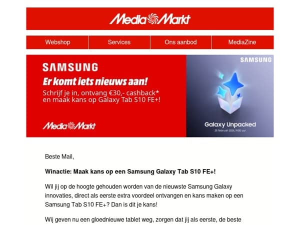 Schrijf je in, ontvang €30,- cashback* en maak kans op Galaxy Tab S10 FE+!