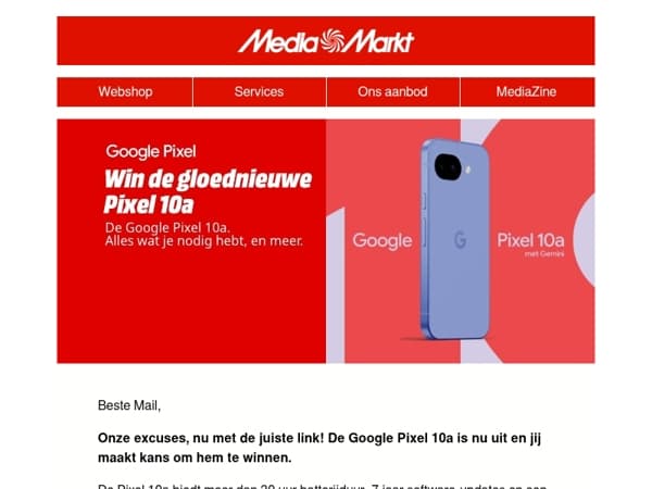 Correctie: maak kans op de gloednieuwe Google Pixel 10a!