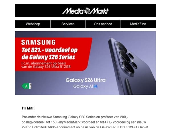 Tot 821,- voordeel op de nieuwe Samsung Galaxy S26 Series! 