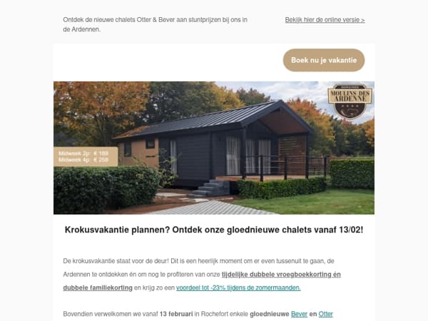 Krokusvakantie: ontdek onze gloednieuwe Bever chalets aan stuntprijzen!