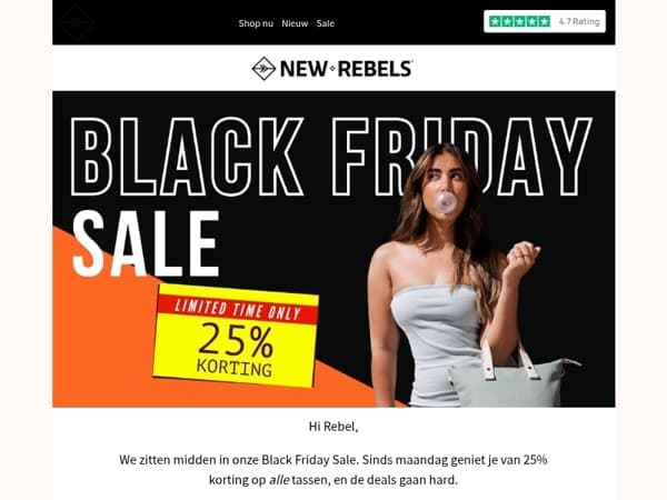 Halverwege! 25% korting op alle tassen (tot maandag)