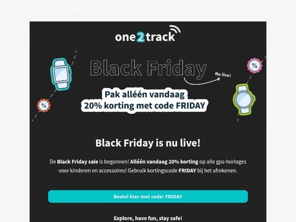 Nog máár 6 uur 20% korting de gps-horloges van one2track!🚀