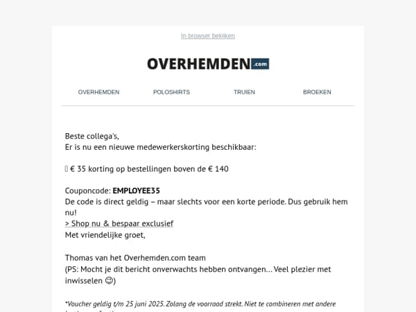 Personeelskorting geactiveerd: bespaar nu € 35