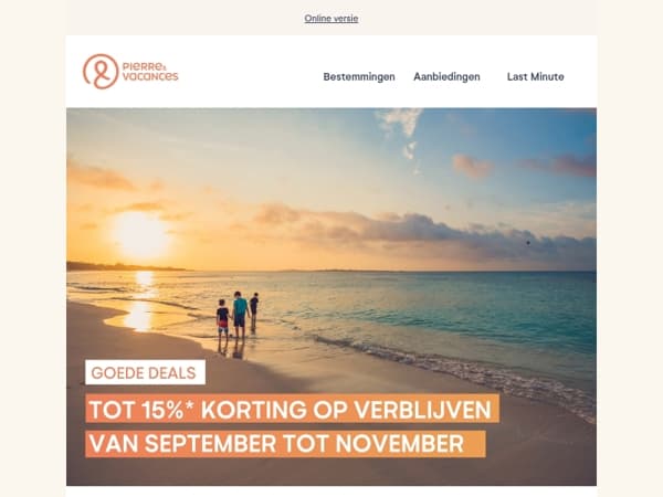 Tot 15% korting op uw vakantie van september tot november ☀️