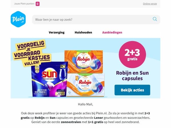 Plein weekdeals: 2+3 gratis op Robijn en Sun capsules